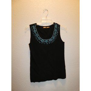 Women's Black Tank Top with Blue Beading, Large